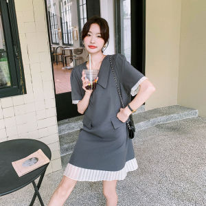 Gray Simple Elegant Womens Summer Shirt Dress Korean Style Powerful Presence Pleated Shirt Dress Casual Splice Loose Waist Polyester Fiber