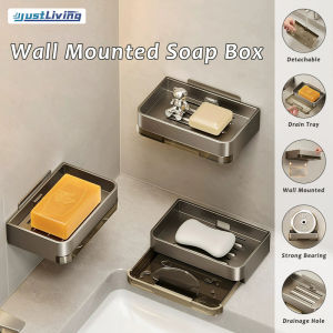 JustLiving 1PC Flip Drain Soap Box Soap Dish Holder Drip Tray Container Box Kitchen Bathroom Accessories Wall Mounted Storage Rack Drawer Drain Soap Box Carbon Steel Soap Boxes