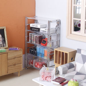 Lizola Miniature Dollhouse Bookshelf Iron Art Rack 1:12 Multi-layered Storage Shelf Pretend Play DIY Home Living Scene Model
