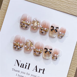 Handmade Caramel Scents Fashion Pure Wearable Nail Art Autumn Winter French Cat Eye Vintage Metal Butterfly Knot Short Nail Stickers