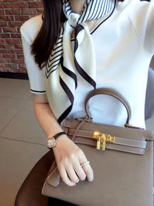 Spring Summer New Style Silk Scarf Womens Small Square Shawl Fake Silk Necktie Shirt Hairband Multi-Functional Stripe Pattern