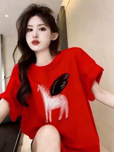 SUSHOUWANGE | Red Short Sleeve Cotton Tshirt Womens Horsemanship Print Korean Style