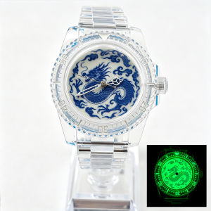 NH35 Watch Chinese mysterious totem strong lumen watch 41.5mm Acrylic Transparent Case Strap Fit 28.5mm lumen Dial Mens Watch