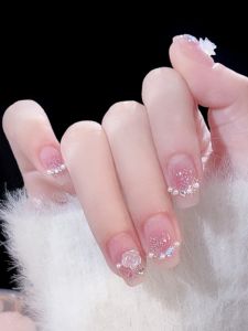 Ins Inspired White Pearl Pink Tea Rose Short Nail Tips Gentle Girl Heart Summer Fashionable Wearable Nails False Nails