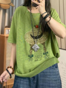 Áo Thun Dệt Kim Cổ Tròn in Họa Tiết Mùa Hè Cho Nữ Áo Thun Cotton Mềm Mại Thoáng Khí Thoải Mái Phong Cách Thường Ngày Đa Năng Áo Tay Ngắn