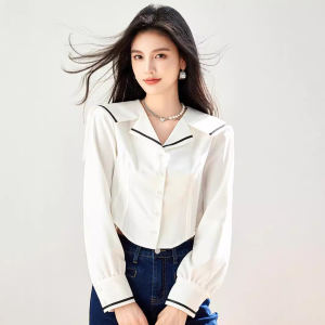 เสื้อเชิ้ตผู้หญิงแขนยาวเสื้อยืดสีขาวหลวมด้านบนการออกแบบปกกองทัพเรือ