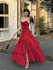 French Style Summer Dopaamine Lace Trim Halter Dress Womens Beach Vacation Long Skirt High Waist Chiffon Sleeveless Cake Skirt