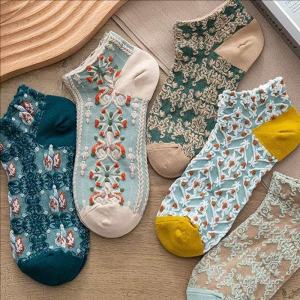5 Pairs Floral Socks Set Women Retro Flower 3D Textured Ankle Socks Soft Lolita Japanese Style Cotton Socks