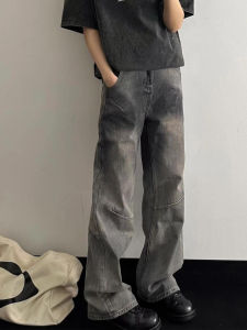 กางเกงยีนส์ทรงหลวมขาตรงสีเทาฟอกน้ำสำหรับผู้ชาย กางเกงขายาวทรงหลวมสไตล์ย้อนยุค สไตล์สตรีทไฮสตรีท CleanFit