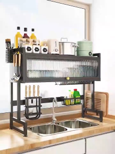 Dish Rack with Drainer Multi-functional Plate Drying Storage Kitchen Dustproof Sink Rack With Cabinet Door