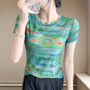 Yimei 2025 Áo thun ngắn tay in lưới hoa khí chất mới cho nữ mùa hè áo thanh lịch cỡ lỡn ôm vừa và đẹp