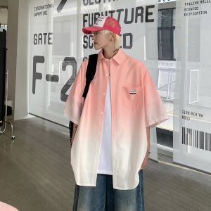 Gradient Color Ice Silk Shirt Mens Fancy Handsome Short Sleeve Thin Jacket for Summer Teenagers Casual Retro Tops