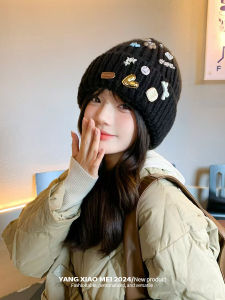 หมวกถักนิตติ้งสไตล์เกาหลี ทรงกลม ผ้าฝ้ายผสมโพลีเอสเตอร์ ฤดูใบไม้ร่วง/ฤดูหนาว หมวกหนามีกระดุม อบอุ่น สำหรับผู้หญิง