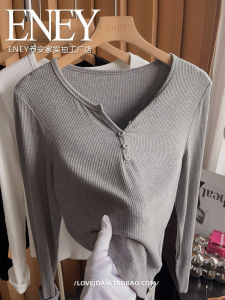 ใส่สบาย ผ้าฝ้าย เสื้อยืดติดกระดุม Modal แบบมีด้าย ฤดูใบไม้ผลิ ฤดูใบไม้ร่วง ผู้หญิง เสื้อท่อนบน หลวม Fit Long Sleeve V Neck เสื้อสวม Base Shirt