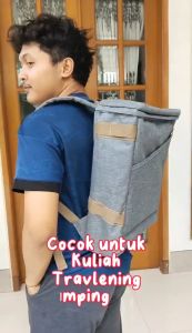 Tas Ransel Pria Kotak Kanvas Warna Abu Abu