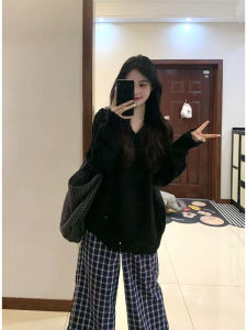 Retro American V-neck Knitted Top High Waist Plaid Wide Leg Pants Women Lazy Elegant Loose Slimming Set Korean Style Commute