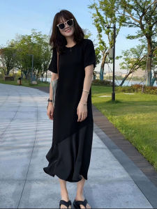 ชุดเดรสยาวทรงเอคอตั้งแขนสั้นสีดำ ทรงเข้ารูป ทรงหลวม ไซส์ใหญ่ สำหรับผู้หญิงในช่วงฤดูร้อน ชุดเดรสยาวคลุมเข่าสไตล์ใหม่