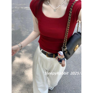 Retro Red Square Collar Short Sleeve T-Shirt Women Summer Thin Knitted Ice Silk Shoulder Length Design Sensation Short Ice Silk Knitted Top
