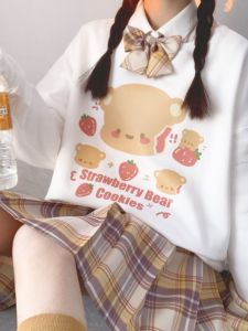 เสื้อสเวตเตอร์คอตั้งพิมพ์ลายหมีบลูส์บุขนแกะหลวมๆ สไตล์ญี่ปุ่นสำหรับผู้หญิง ฤดูใบไม้ร่วง/ฤดูหนาว เสื้อคลุมกันหนาวแบบลำลอง