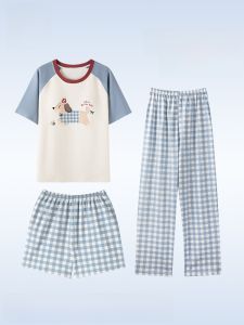 Miiow | Pure Cotton Summer Sleepwear Set For Women With Chest Pad Thin Short Sleeve Shorts Three Piece Home Clothes MiiOW Cat Person