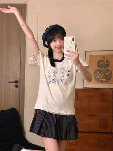 Korean Style round Neck Short Sleeve T-Shirt Embroidered Knitted Loose Fit Summer New Arrival Casual Creative Floral Print