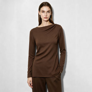 AMII | Slit Neck Ruffled Asymmetric Hem Slimming T-Shirt