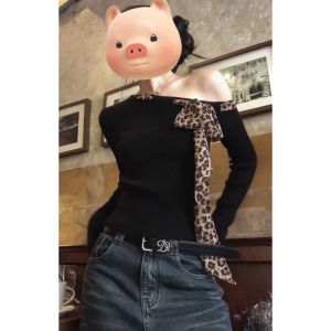 YUEZHONGWEI | French Off-Shoulder Leopard Print Bow Knitted Top