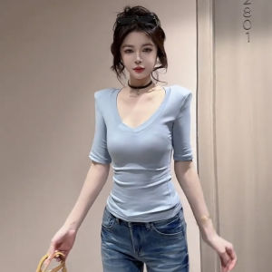 Áo Thun Nữ Cổ Chữ V Tay Lửng Ôm Vừa Vặn Thời Trang Mùa Hè 2025 Phong Cách Công Sở Chất Liệu Cotton Thường Ngày