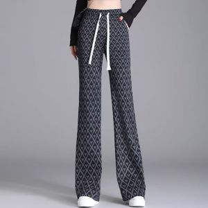High Waist Knitted Plaid Wide Leg Pants Womens Drapey Elastic Waist Casual Flared Floor Length Trousers Fashion Versatile