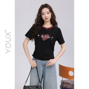 YOUXIANG | Áo Thun Phối Màu Xám In Họa Tiết