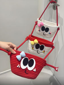 Adorable Japanese Style Wall Hanging Basket Room Storage Rack Weaved Storage Pouch Cute Organizing Shelf for Home Decoration