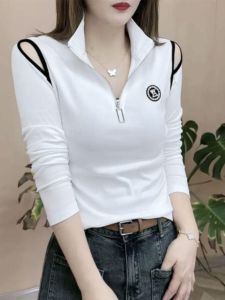 Slimming Fashionable Casual Zipper Half High Collar Shoulder Bared Base Layer Long Sleeve Top New Arrival Autumn 2025