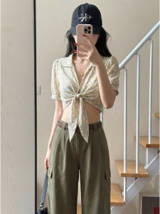 YUEZHONGWEI | Áo Sơ Mi Ngắn Tay Hoa Văn Pháp Dạng Ngắn Stylish