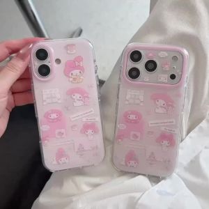 Sanrio | Kawaii My Melody Cartoon Sticker Phone Case Transparent Clear Soft Cover For iPhone 15 16 17 Pro Max Lovely Pink Anti-drop Cover