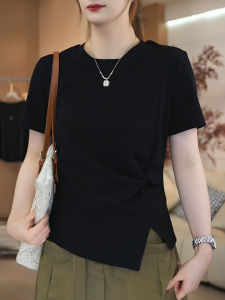 Slimming Pure Cotton Short Sleeve T-Shirt Womens Summer Fashion Small Size Asymmetrical Pleated Waist-Cinching Top