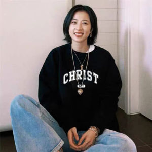 Fleece Lined Oversized round Neck Sweatshirt Womens Style Zhou Yuting Celebrity Endorsed Black Korean Autumn Winter Student Jacket