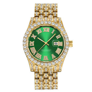 Men Genuine Big Brand Watches Hip Hop Diamond Luxury Golden Fashion Casual Alloy Band Date Quartz Watch Relogios Masculinos 2024