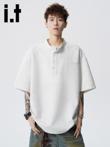 izzue | American Trendy Henley Collar Short Sleeve Summer Slim Fit Casual T-Shirt