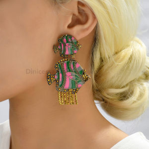 Enamel Double Fish Tassel Decor Dangle Earrings For Women Trend Luxury Design Vintage Prom Party Jewelry Accessories Brincos