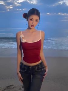 chaqi | American Style Spicy Girl 3D Flower Red Strap Vest Summer Sleeveless Short Pure Desire Slimming Base Layer Top