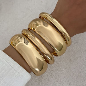 SHIXIN 4 Pcs/Set Punk Glossy Metal Large Round Chunky Bangle for Women Exaggerated Smooth Multilayer Stacked Wide Bracelet Men