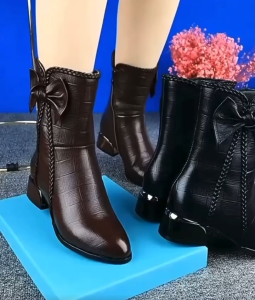 #719 New Fashionable Leather Braided Bow Pointed Toe Thick Heel Ankle Zipper Martin Boots (1.5 INCH)