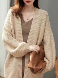 Big Sale Leak-Picking Female Autumn K-style Yong Lai Feng Easiest for Match Pure Color Knitting Cardigan Camel Long Sleeves Sweater Mid Length Long Length Outwear