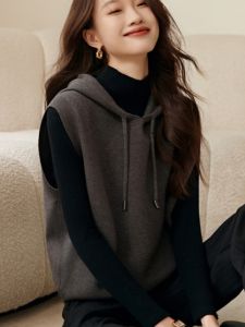 Áo Len Cardigan Không Tay Màu Xám Cao Cấp Cho Nữ Mùa Đông Mới Rộng Rãi Có Mũ Trùm Đầu Áo Len Dệt Kim Áo Khoác Ngoài