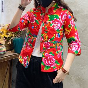 Spring Edition Chinese Style Womens Jacket with Button Stand Collar Large Flower Pattern Ethnic Trend Commute Style Shirt