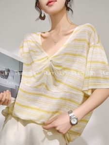 PlumJan | Áo Blouse Mùa Hè Tay Ngắn Dáng Rộng Phong Cách Hàn Quốc Cổ V Màu Khối