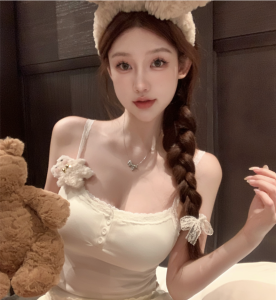 เสื้อกั๊กสั้นผู้หญิง ชุดชั้นในแบบมีแผ่นเสริมหน้าอก ลายขอบ เสื้อคลุมกันหนาวแบบลำลอง แขนกุด ทรงเข้ารูป คอวี แขนกุด