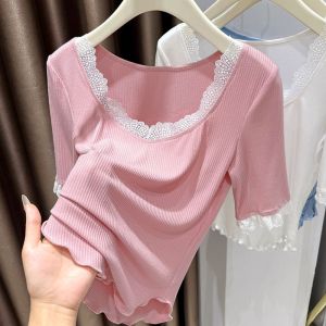 เสื้อยืดคอกว้างแขนสั้นผู้หญิงไซส์ใหญ่ ทรงเข้ารูป ผ้าลูกไม้ ทรงเข้ารูป ชั้นใน ชุดชั้นใน ฤดูร้อน 2025 คอเหลี่ยม แขนสั้น ผ้าโมดอล