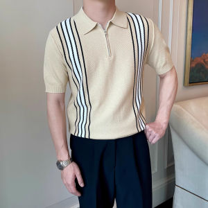 เสื้อโปโลคอตั้งแขนสั้นผู้ชาย ผ้าถัก ระบายอากาศได้ดี ลำลอง ฤดูร้อน ปิดด้วยซิปครึ่งตัว ลายทาง เสื้อยืด แฟชั่น