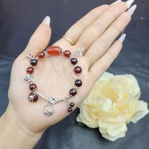 Q421 Lắc Bạc Garnet Ngọc Hồng Lựu mix lu thống Ngọc Agate Đỏ túi tiền Thạch Anh Tóc Đỏ treo móc bạc cho Hỏa và Thổ - Phong Thủy TUDO